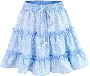 Women's Skirt Summer Flowers Printed High Waist Drawstring Layered Ruffles Boho A-Line Pleated Skater Mini Skirt (Color : G, Size : Small)