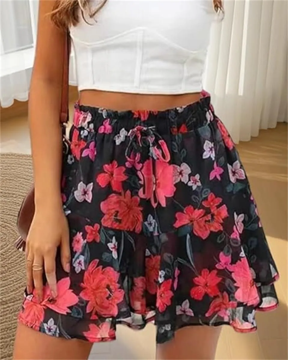 Womens Skorts Floral Ruffled Chiffon Mini Skirts, Summer Casual Floral Boho Pleated Puffy Skorts Skirts