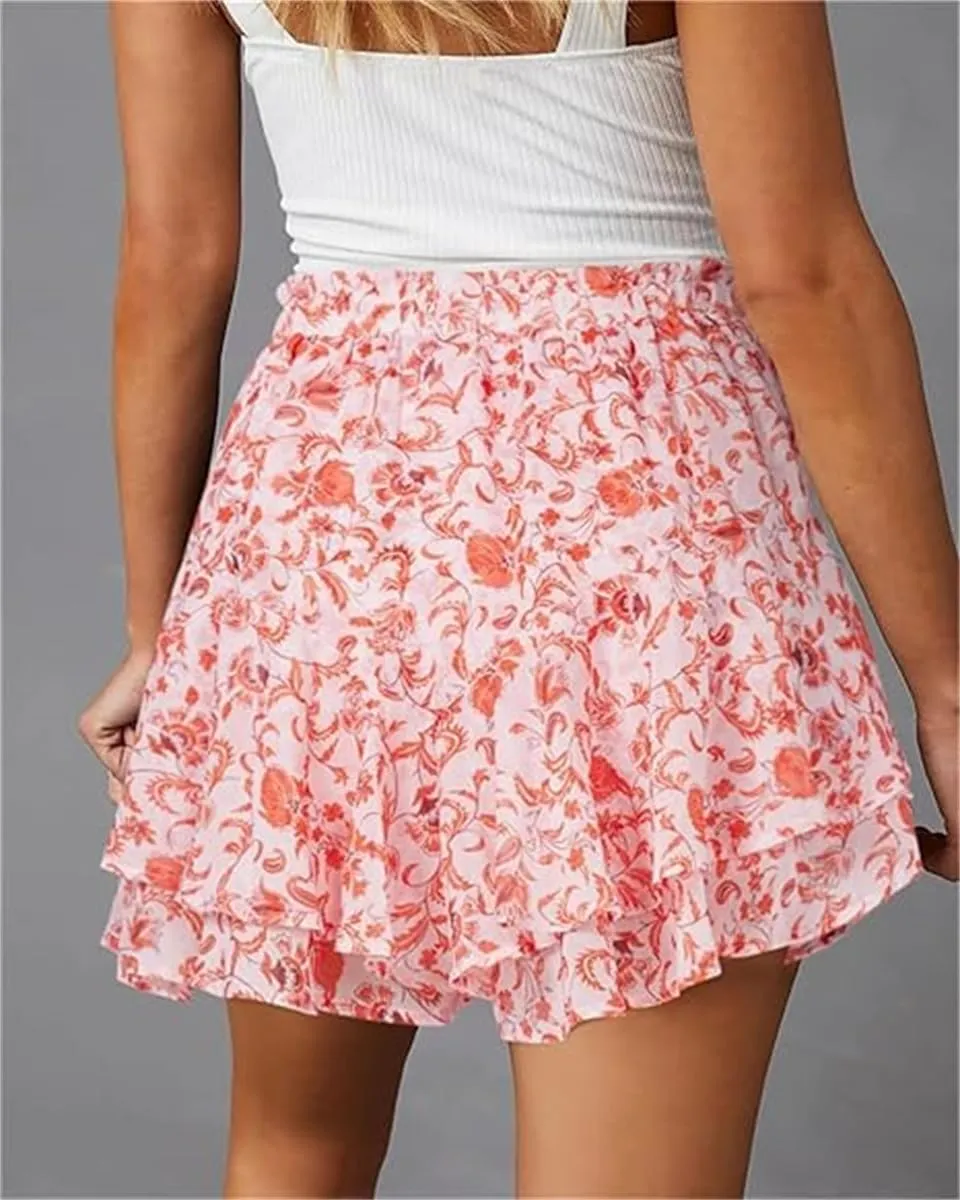 Womens Skorts Floral Ruffled Chiffon Mini Skirts, Summer Casual Floral Boho Pleated Puffy Skorts Skirts