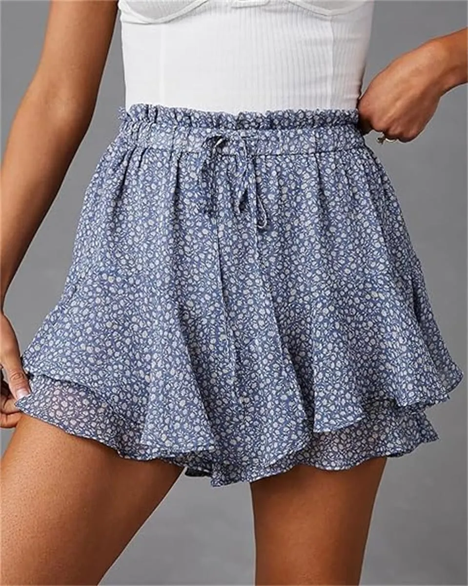 Womens Skorts Floral Ruffled Chiffon Mini Skirts, Summer Casual Floral Boho Pleated Puffy Skorts Skirts