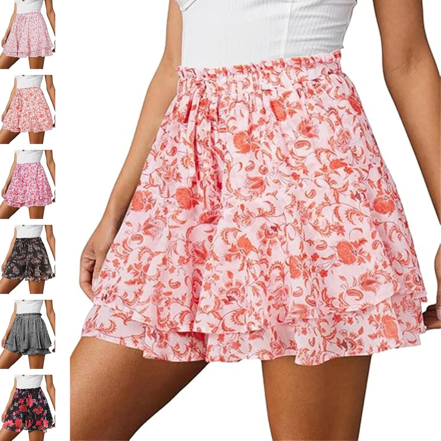Womens Skorts Floral Ruffled Chiffon Mini Skirts, Summer Casual Floral Boho Pleated Puffy Skorts Skirts