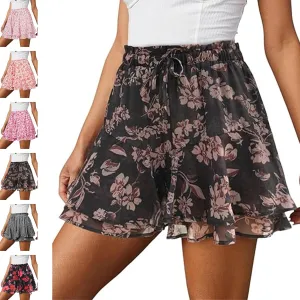 Womens Skorts Floral Ruffled Chiffon Mini Skirts, Summer Casual Floral Boho Pleated Puffy Skorts Skirts