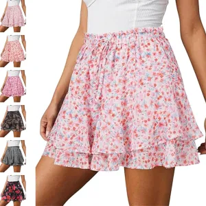 Womens Skorts Floral Ruffled Chiffon Mini Skirts, Summer Casual Floral Boho Pleated Puffy Skorts Skirts
