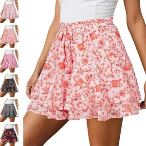 Womens Skorts Floral Ruffled Chiffon Mini Skirts, Summer Casual Floral Boho Pleated Puffy Skorts Skirts
