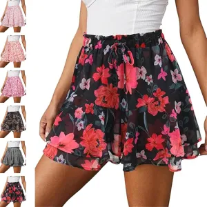 Womens Skorts Floral Ruffled Chiffon Mini Skirts, Summer Casual Floral Boho Pleated Puffy Skorts Skirts