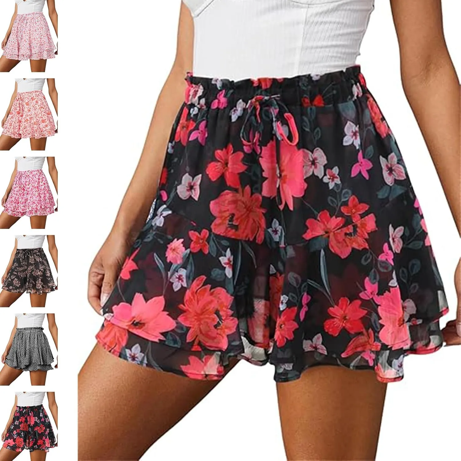 Womens Skorts Floral Ruffled Chiffon Mini Skirts, Summer Casual Floral Boho Pleated Puffy Skorts Skirts
