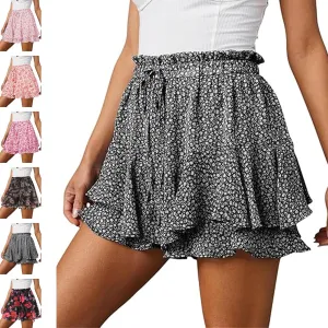 Womens Skorts Floral Ruffled Chiffon Mini Skirts, Summer Casual Floral Boho Pleated Puffy Skorts Skirts