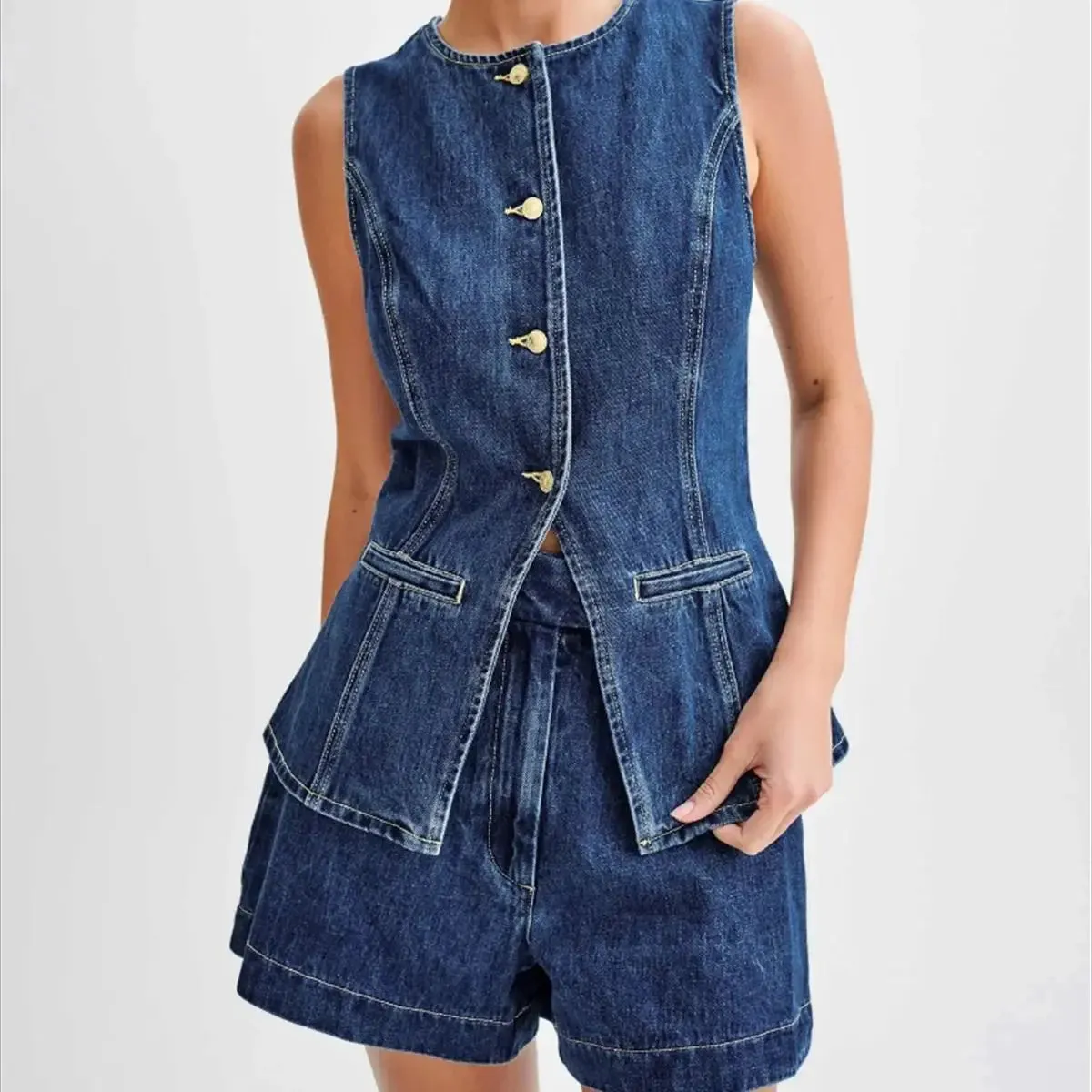 Women's Sleeveless Two-piece Sets High Waisted Denim Shorts