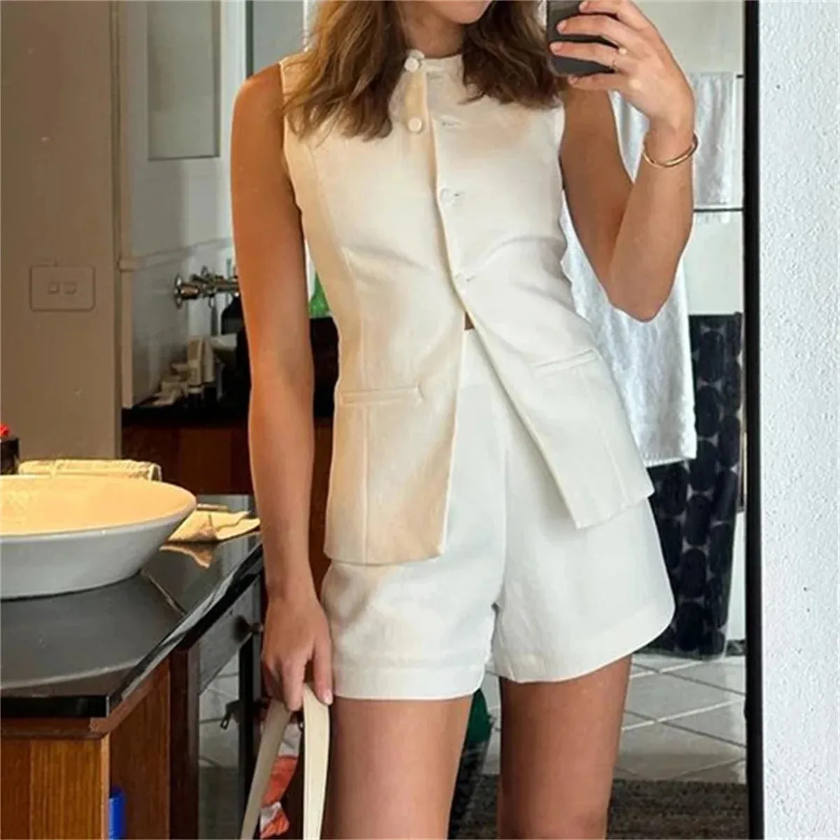 Women's Sleeveless Two-piece Sets High Waisted Denim Shorts