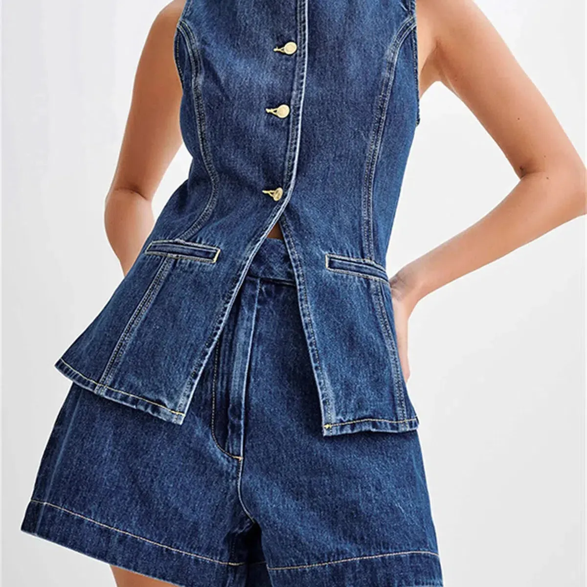 Women's Sleeveless Two-piece Sets High Waisted Denim Shorts