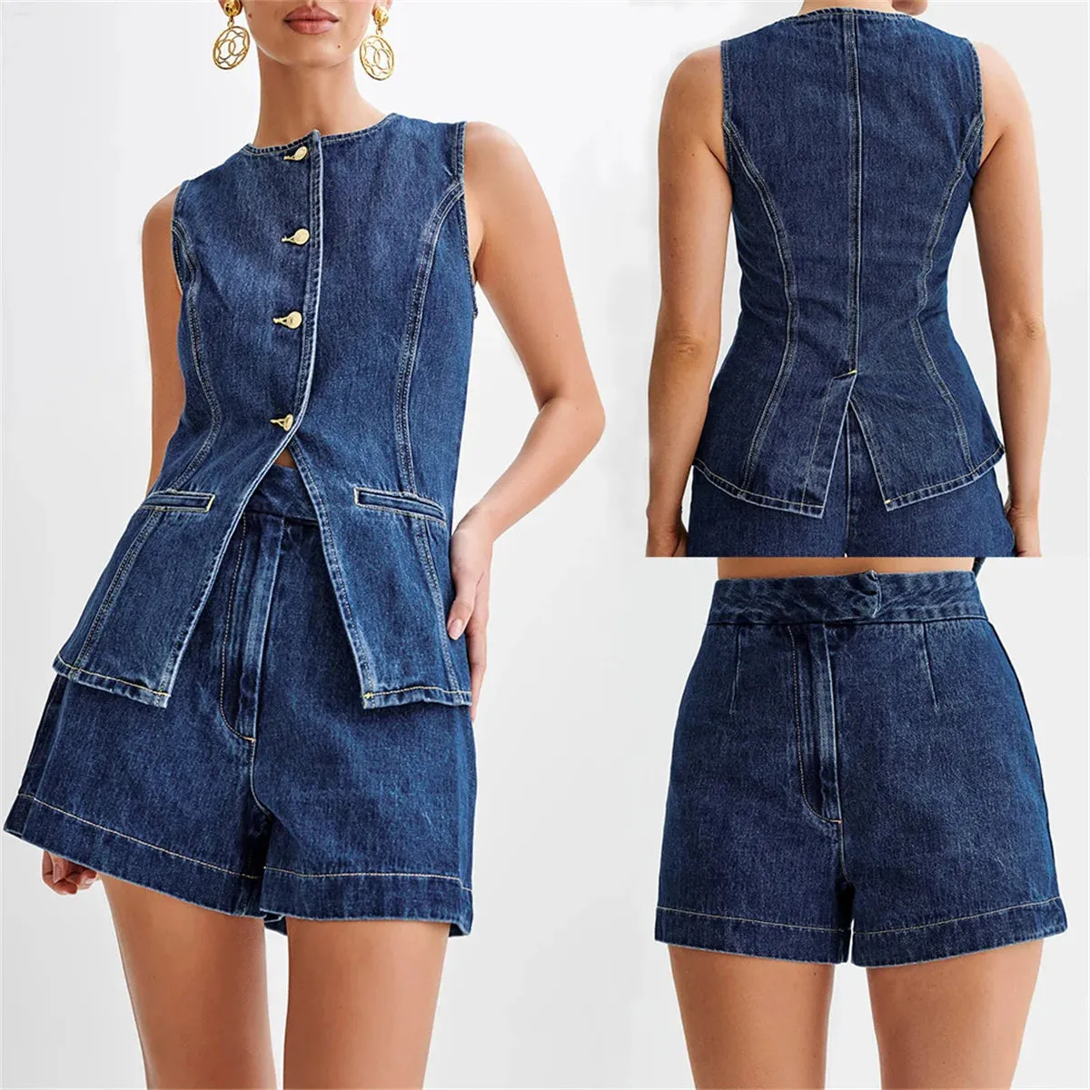Women's Sleeveless Two-piece Sets High Waisted Denim Shorts