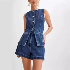 Women's Sleeveless Two-piece Sets High Waisted Denim Shorts