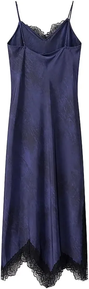 Women's Slim Fit Lace V-Neck Sleeveless Backless Midi Dress Floral Printed Beach Party Dress