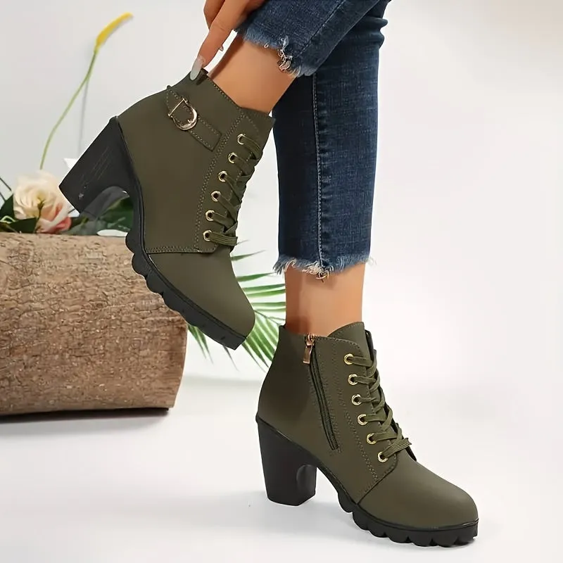 Women's Solid Color Chunky Heel Short Boots, Fashion Lace Up Ankle Boots, Women's Comfortable Side Zipper Boots