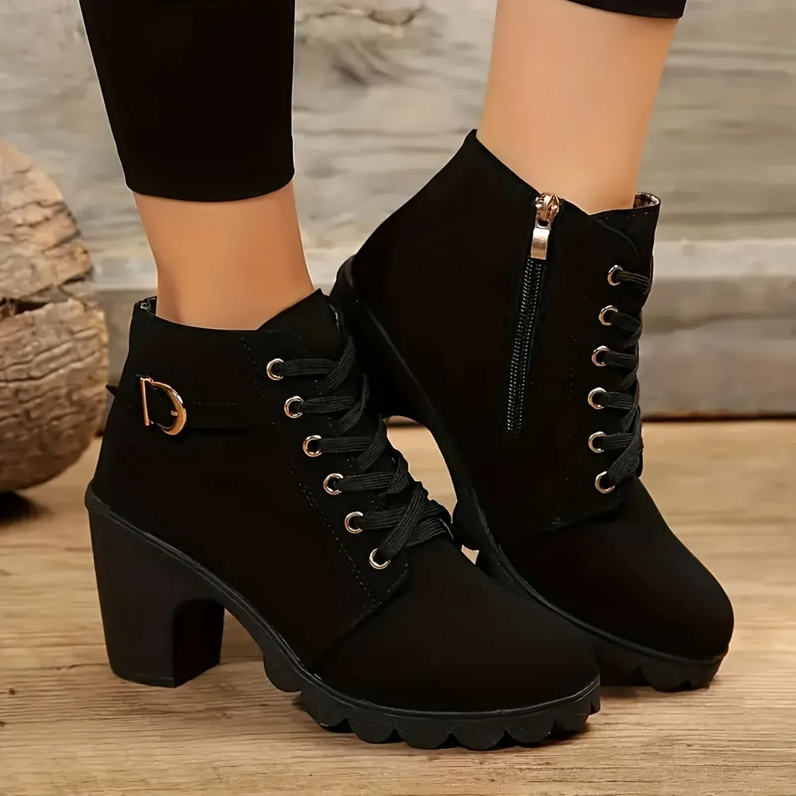 Women's Solid Color Chunky Heel Short Boots, Fashion Lace Up Ankle Boots, Women's Comfortable Side Zipper Boots