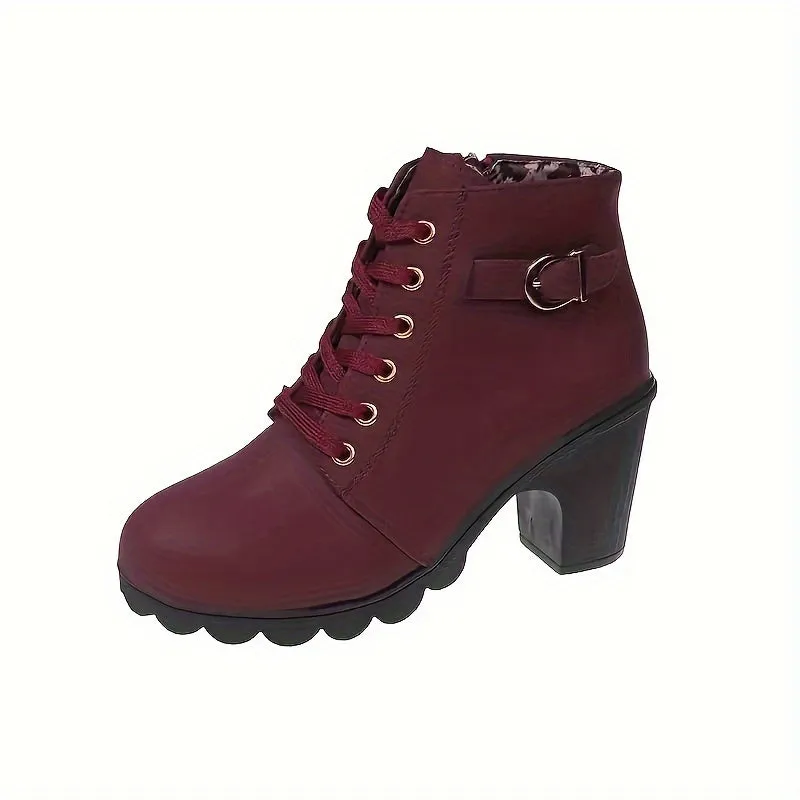 Women's Solid Color Chunky Heel Short Boots, Fashion Lace Up Ankle Boots, Women's Comfortable Side Zipper Boots