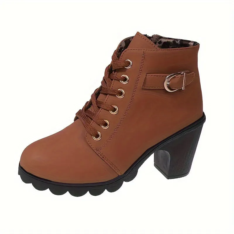 Women's Solid Color Chunky Heel Short Boots, Fashion Lace Up Ankle Boots, Women's Comfortable Side Zipper Boots
