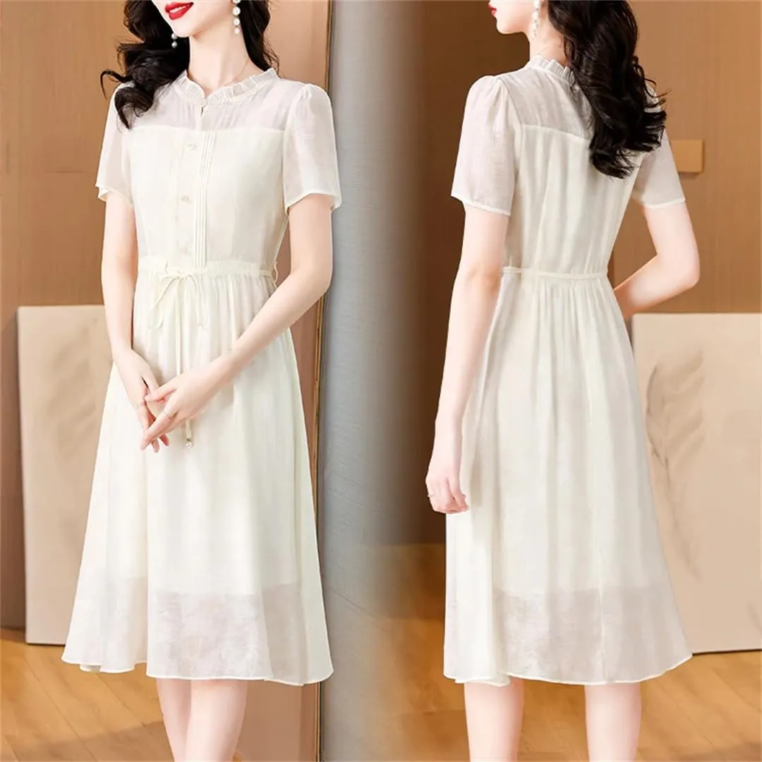 Women's Solid Midi Dress Summer Ruffled Sashes Sundress