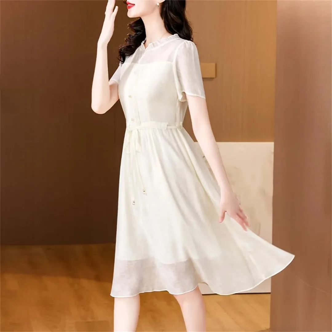 Women's Solid Midi Dress Summer Ruffled Sashes Sundress