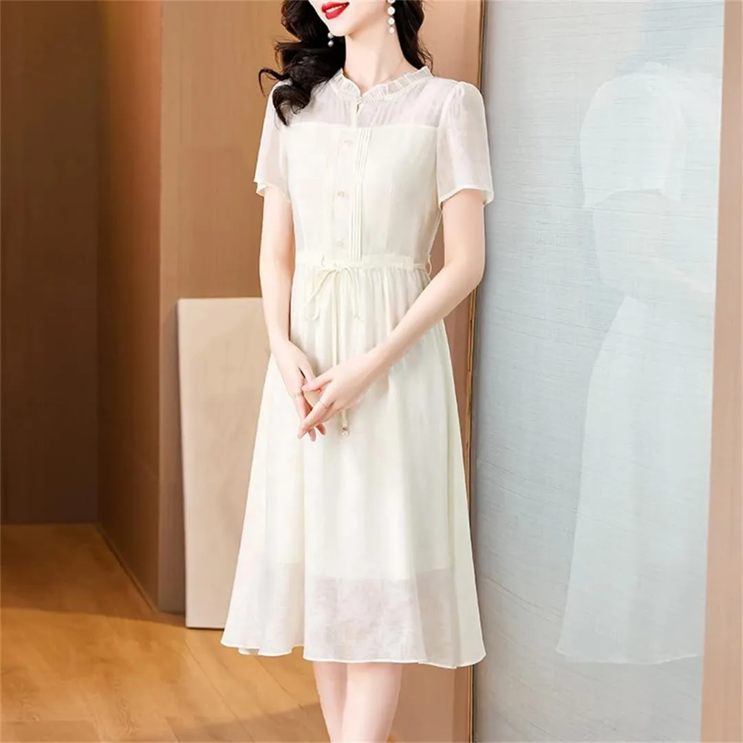 Women's Solid Midi Dress Summer Ruffled Sashes Sundress