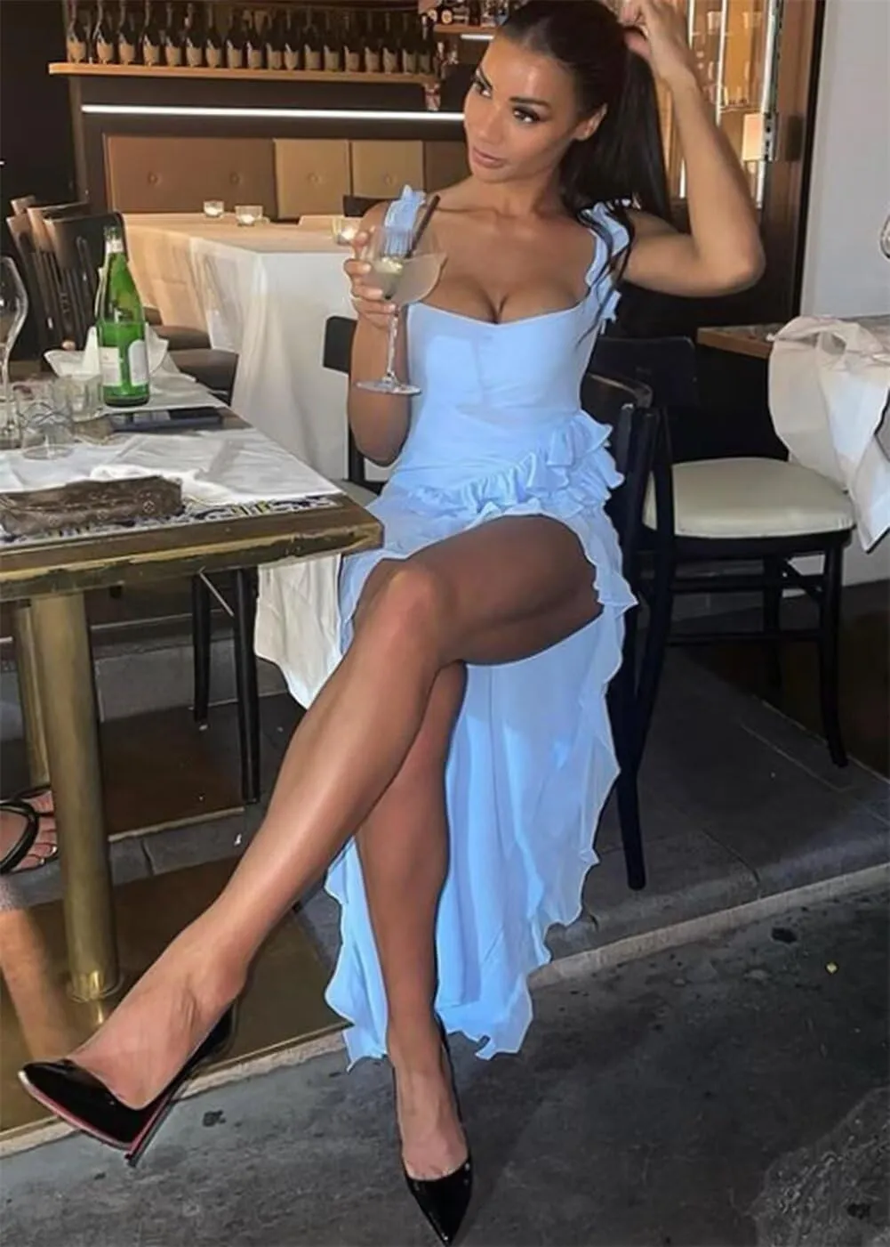 Womens Spaghetti Strap High Slit Bodycon Maxi Dress, Square Neck Backless Party Club Dress Evening Gowns