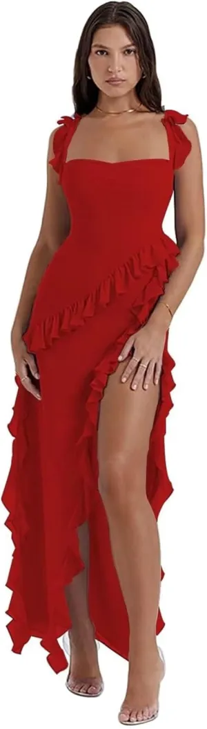 Womens Spaghetti Strap High Slit Bodycon Maxi Dress, Square Neck Backless Party Club Dress Evening Gowns