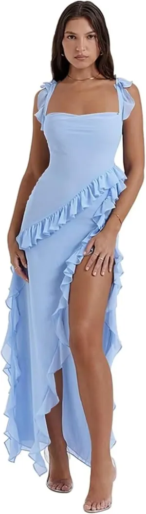 Womens Spaghetti Strap High Slit Bodycon Maxi Dress, Square Neck Backless Party Club Dress Evening Gowns