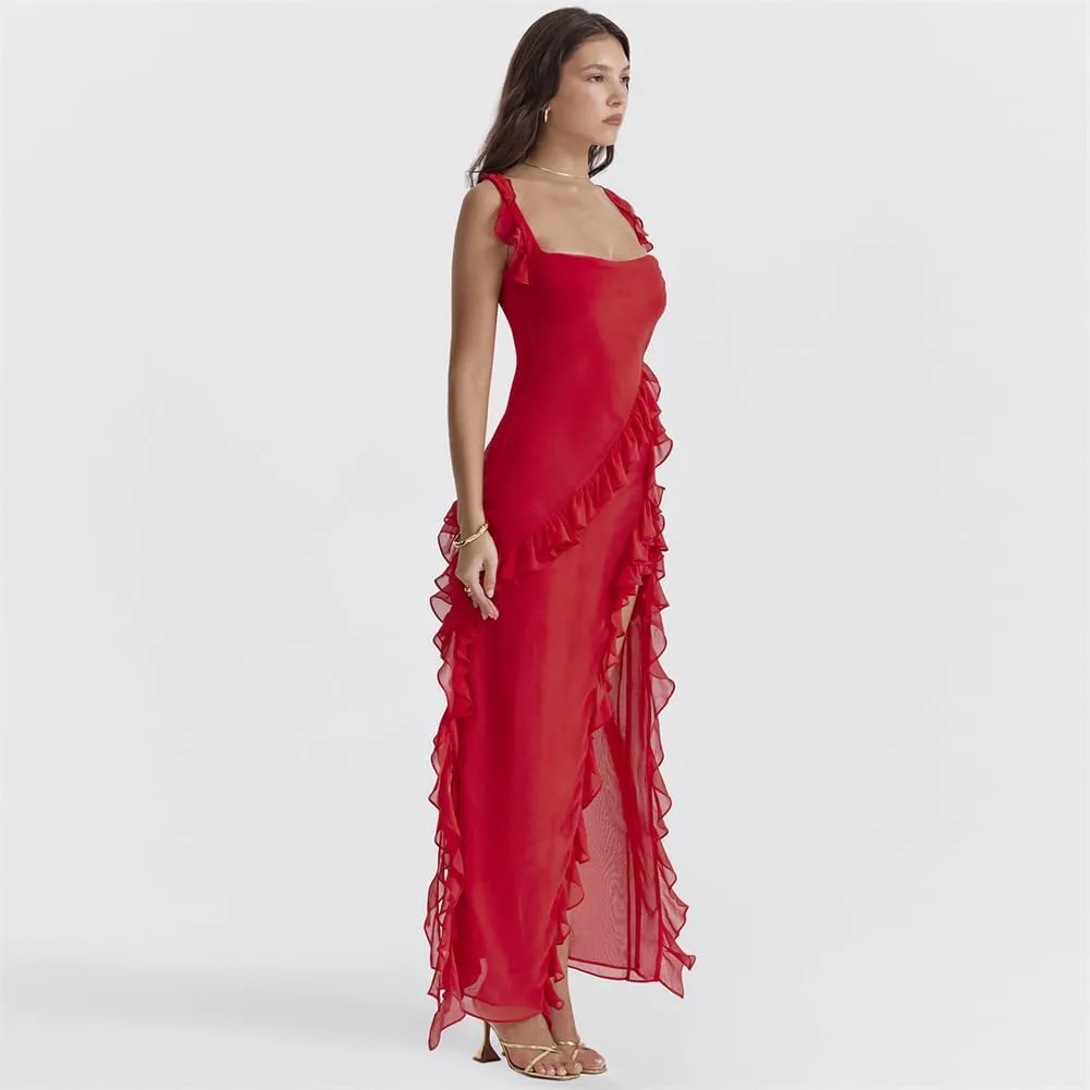 Womens Spaghetti Strap High Slit Bodycon Maxi Dress, Square Neck Backless Party Club Dress Evening Gowns