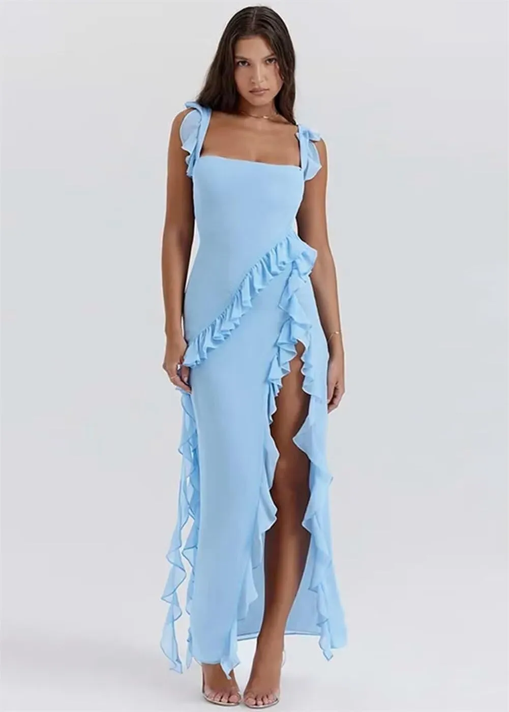 Womens Spaghetti Strap High Slit Bodycon Maxi Dress, Square Neck Backless Party Club Dress Evening Gowns