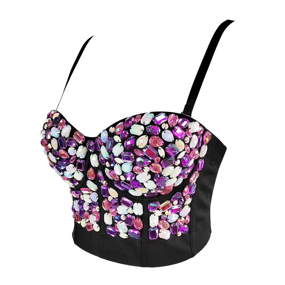 Women's Sparkling Rhinestone Corset Top - Sexy Push-Up Bustier, High-End Steampunk Party Lingerie