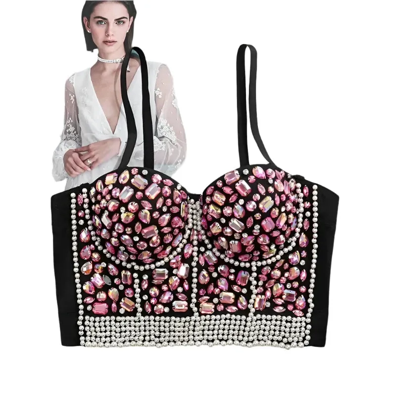 Women's Sparkling Rhinestone Corset Top - Sexy Push-Up Bustier, High-End Steampunk Party Lingerie