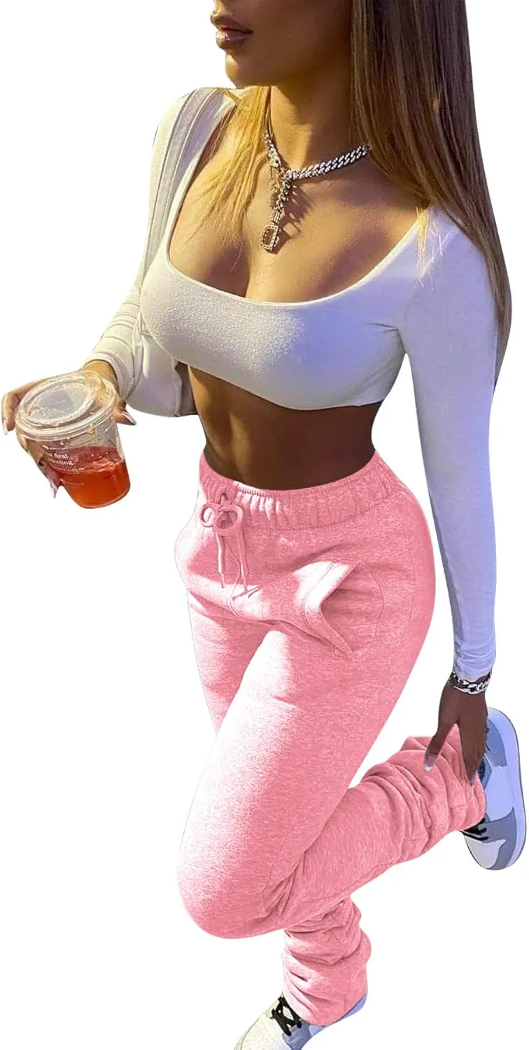 Womens Stacked Fleece Sweatpants Sherpa Lined Thicked Warm Athletic Active Jogger Ruched Lounge Pants