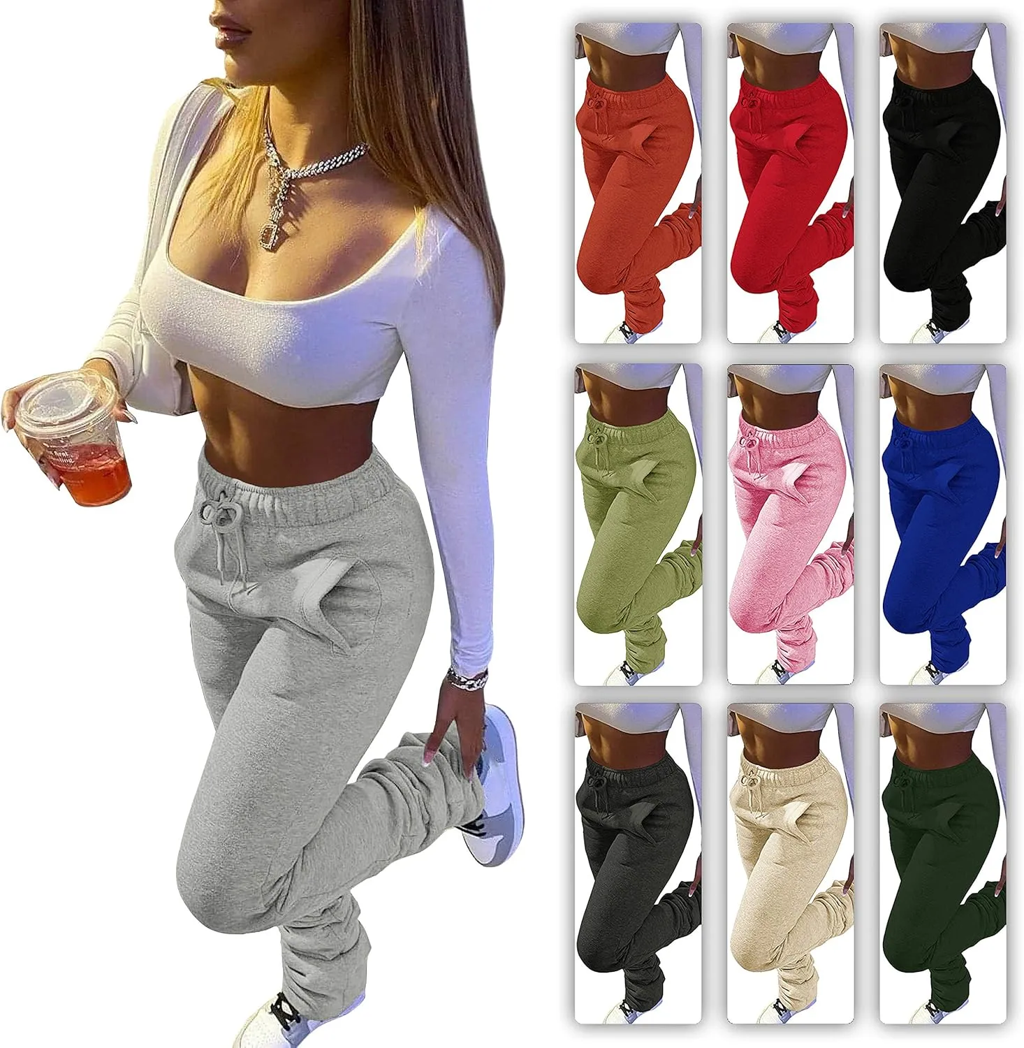 Womens Stacked Fleece Sweatpants Sherpa Lined Thicked Warm Athletic Active Jogger Ruched Lounge Pants