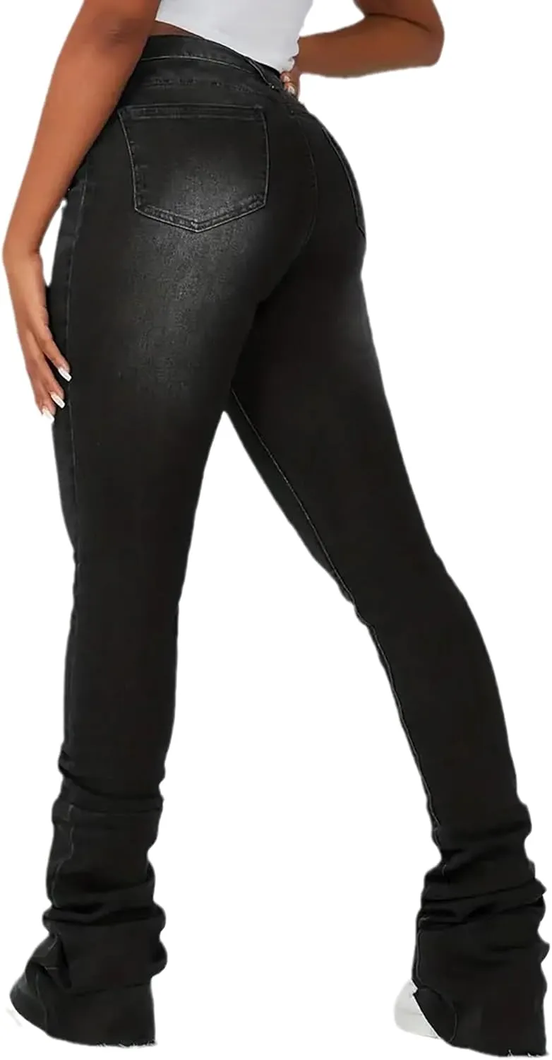 Women's Stacked Jeans Classic High Waisted Ripped Stretchy Bootcut Skinny Denim Pants Trousers with Pockets