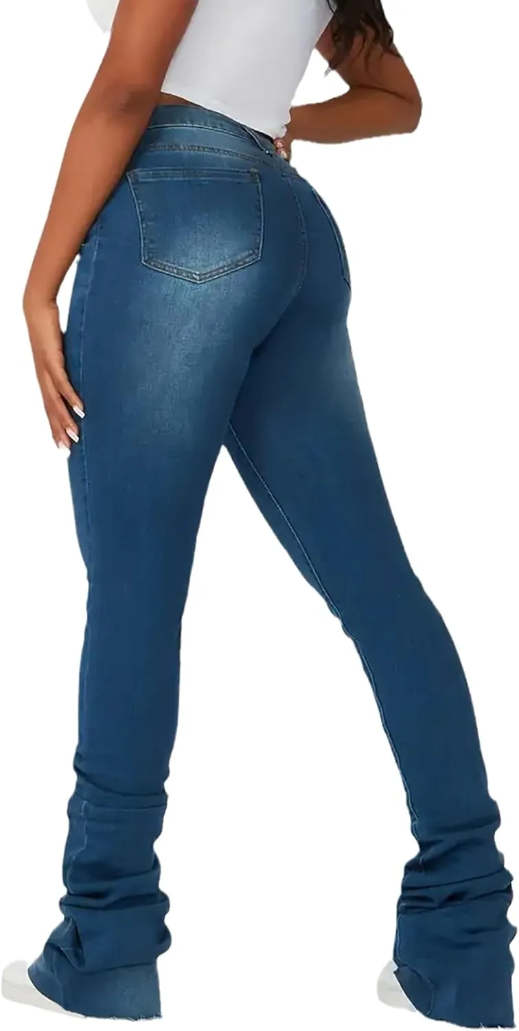 Women's Stacked Jeans Classic High Waisted Ripped Stretchy Bootcut Skinny Denim Pants Trousers with Pockets