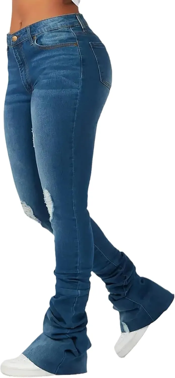 Women's Stacked Jeans Classic High Waisted Ripped Stretchy Bootcut Skinny Denim Pants Trousers with Pockets