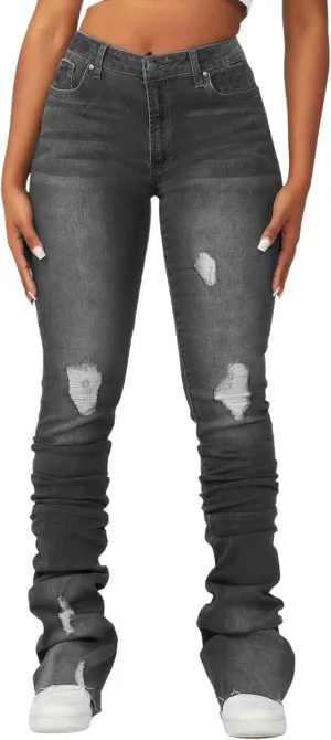 Women's Stacked Jeans Classic High Waisted Ripped Stretchy Bootcut Skinny Denim Pants Trousers with Pockets