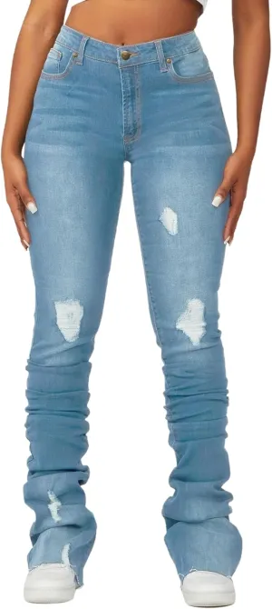 Women's Stacked Jeans Classic High Waisted Ripped Stretchy Bootcut Skinny Denim Pants Trousers with Pockets