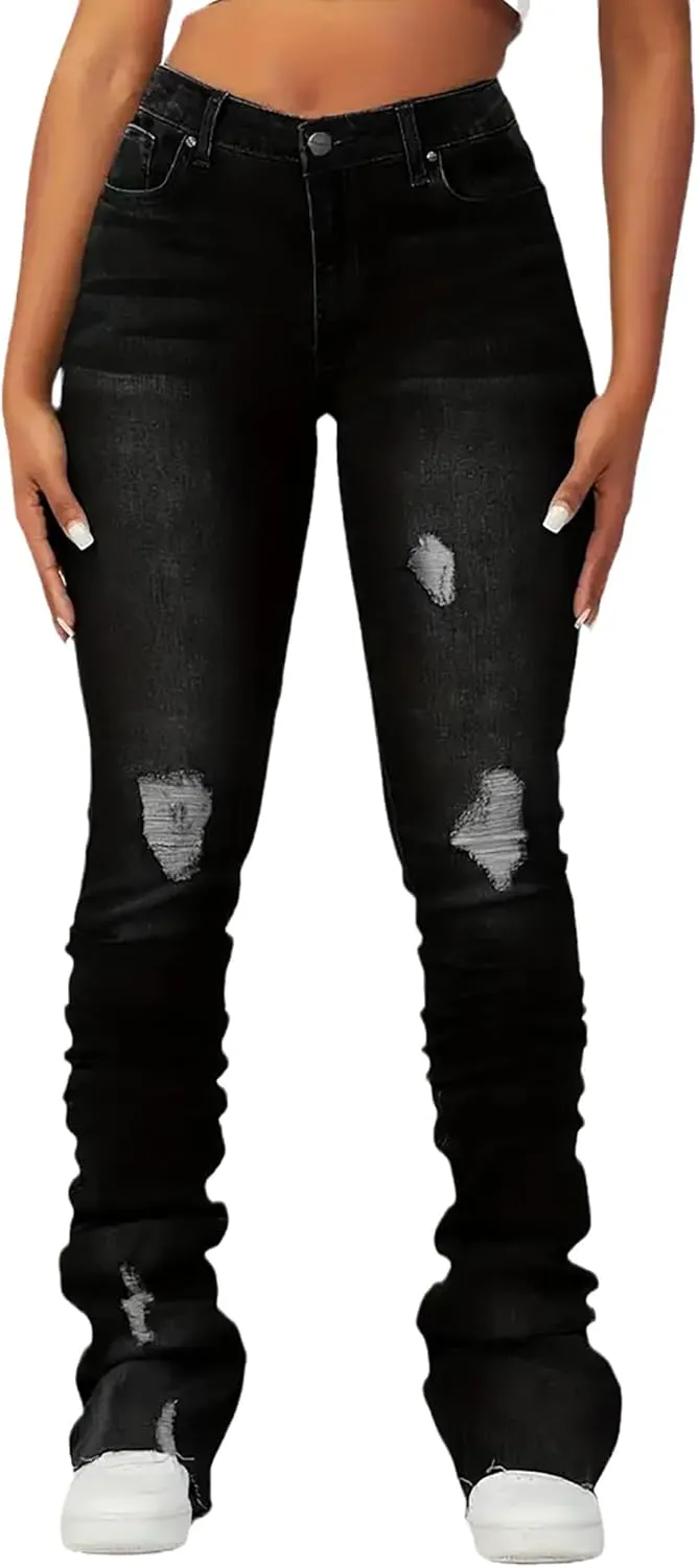 Women's Stacked Jeans Classic High Waisted Ripped Stretchy Bootcut Skinny Denim Pants Trousers with Pockets