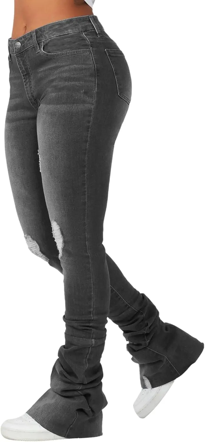 Women's Stacked Jeans Classic High Waisted Ripped Stretchy Bootcut Skinny Denim Pants Trousers with Pockets