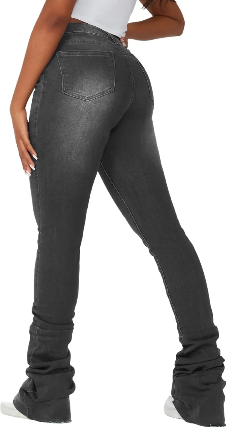 Women's Stacked Jeans Classic High Waisted Ripped Stretchy Bootcut Skinny Denim Pants Trousers with Pockets