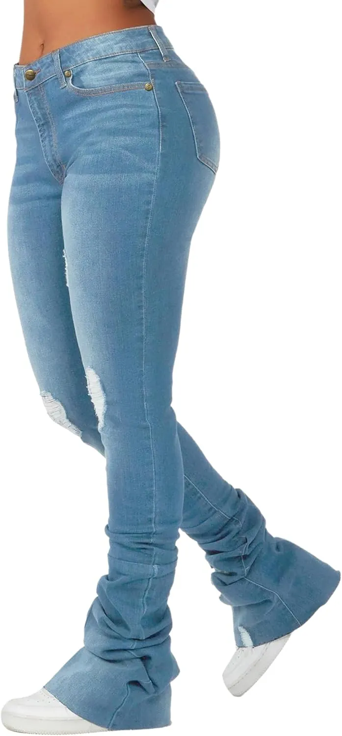 Women's Stacked Jeans Classic High Waisted Ripped Stretchy Bootcut Skinny Denim Pants Trousers with Pockets