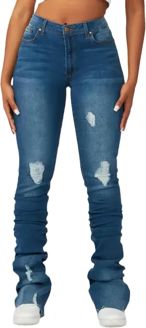 Women's Stacked Jeans Classic High Waisted Ripped Stretchy Bootcut Skinny Denim Pants Trousers with Pockets