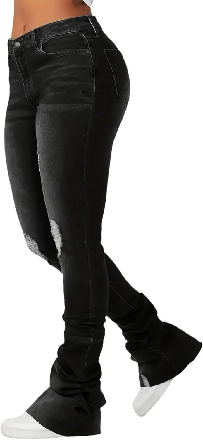 Women's Stacked Jeans Classic High Waisted Ripped Stretchy Bootcut Skinny Denim Pants Trousers with Pockets