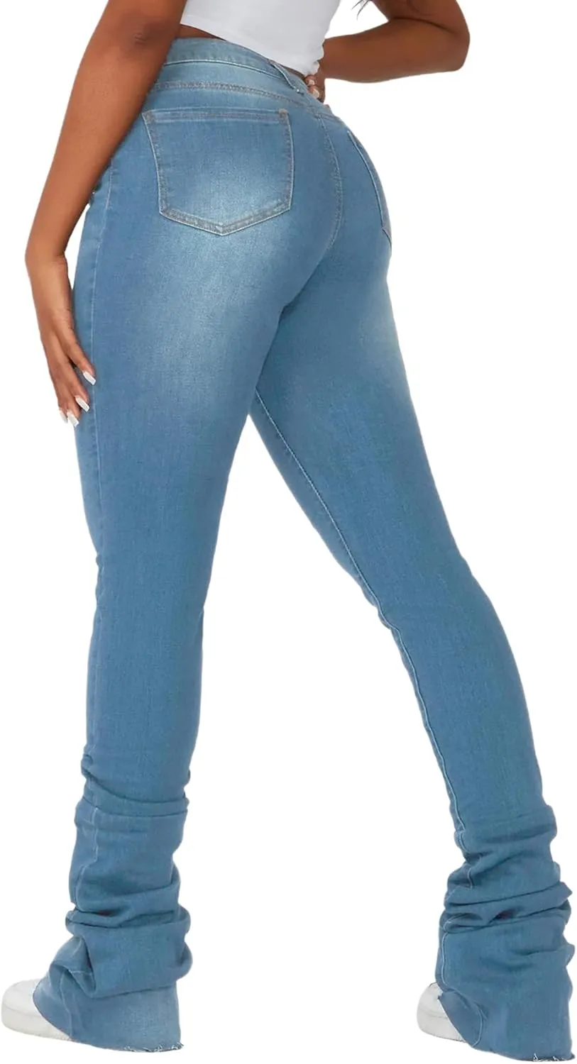 Women's Stacked Jeans Classic High Waisted Ripped Stretchy Bootcut Skinny Denim Pants Trousers with Pockets
