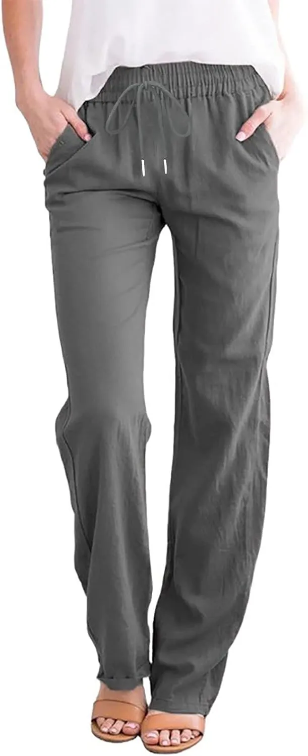 Womens Summer Fashion Linen Cotton Pants Casual Drawstring High Waist Loose Fit Beach Vacation Trousers with Pockets