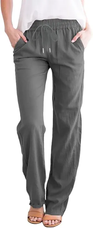 Womens Summer Fashion Linen Cotton Pants Casual Drawstring High Waist Loose Fit Beach Vacation Trousers with Pockets