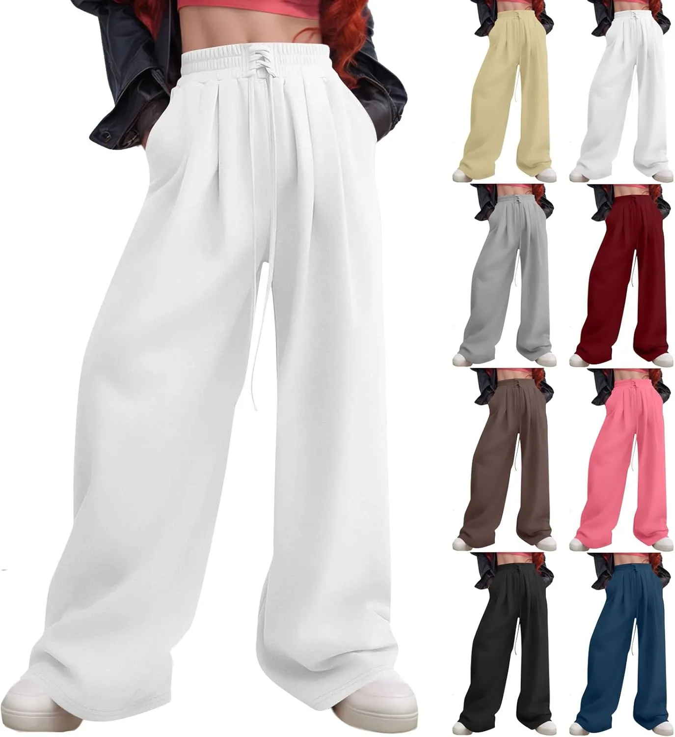 Womens Sweatpants Baggy Drawstring High Waisted Wide Leg Sweat Pants Oversized Fleece Joggers with Pockets