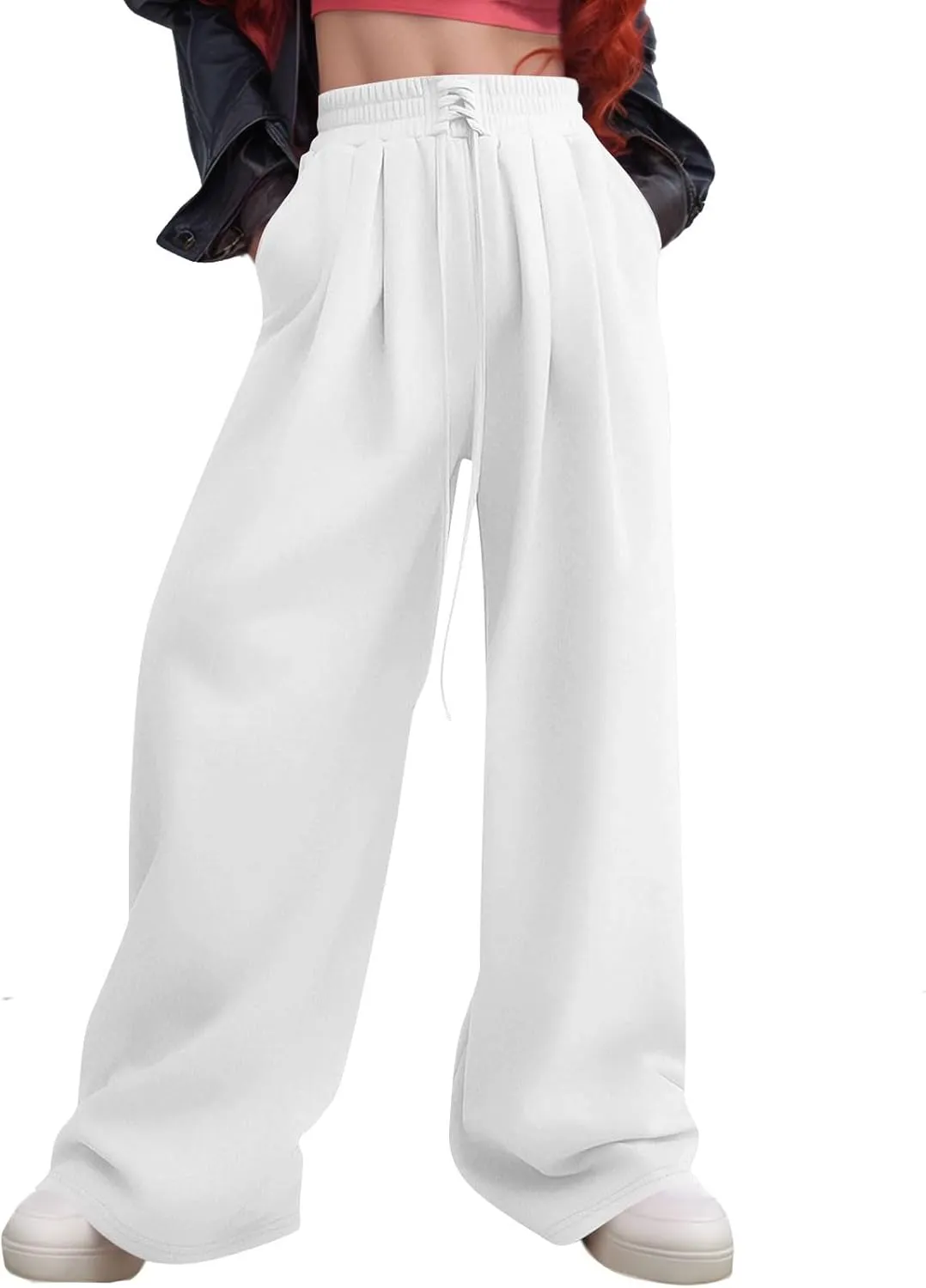 Womens Sweatpants Baggy Drawstring High Waisted Wide Leg Sweat Pants Oversized Fleece Joggers with Pockets