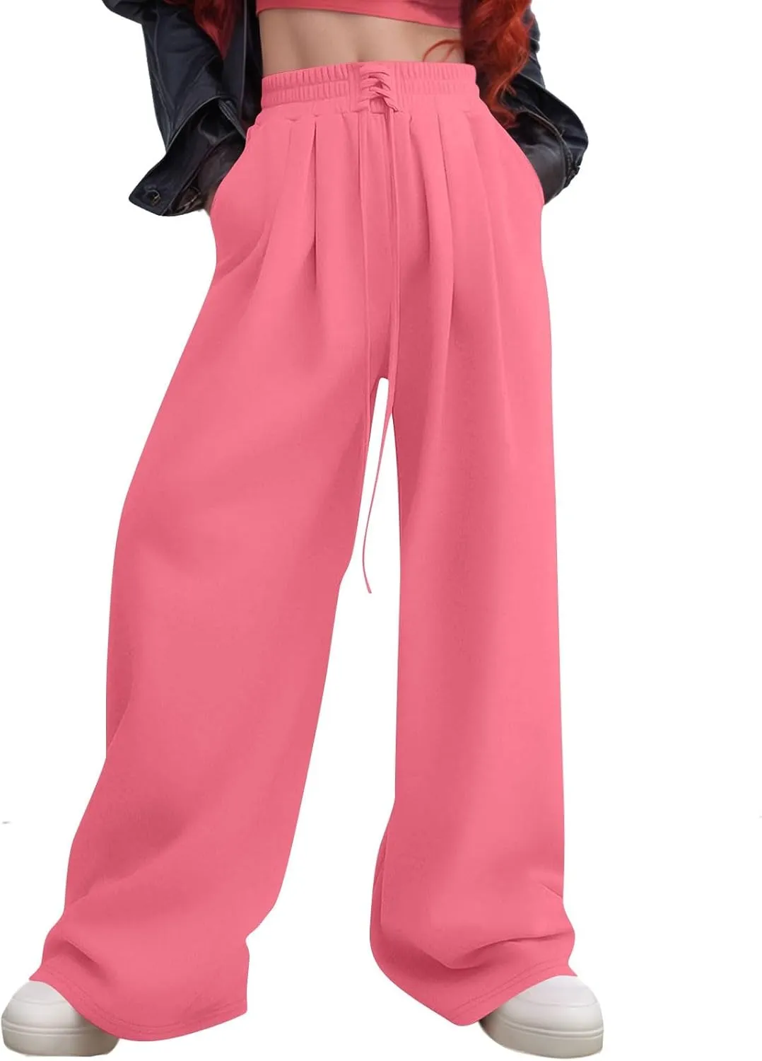 Womens Sweatpants Baggy Drawstring High Waisted Wide Leg Sweat Pants Oversized Fleece Joggers with Pockets